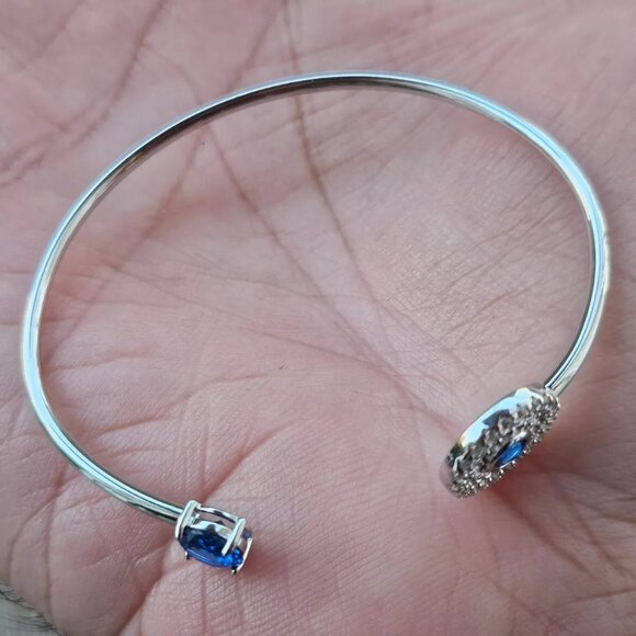 925 Sterling Silver Bracelet Blue Faux Stone Crystal Accent Cuff Wrist Band New - Picture 4 of 12